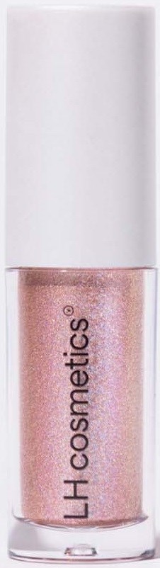 Eine kleine Flasche mit rosa Glitter-Lippenstift von LH Cosmetics. Sie hat einen weißen Deckel und einen transparenten Boden.