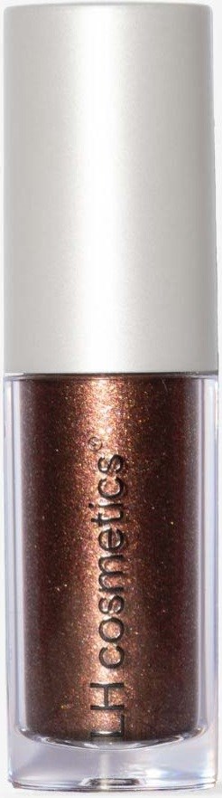 Eine kleine Flasche mit braunem schimmerndem Nagellack und weißem Deckel.