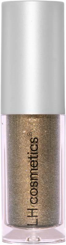 Goldfarbener flüssiger Nagellack in einer transparenten Flasche mit weißem Deckel.
