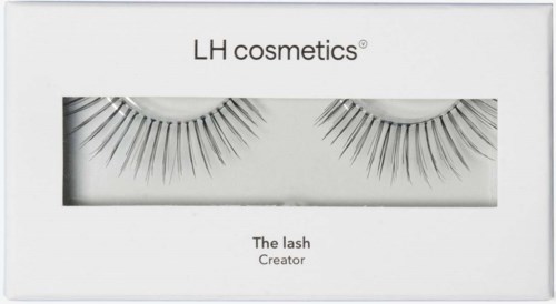 A box of false eyelashes labeled 'The lash Creator' by LH cosmetics inside. Simple, black and white design.