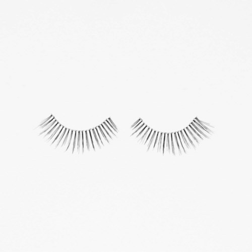 A pair of false eyelashes, black and long, arranged symmetrically on a plain white background.
