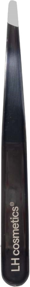 Eine schwarze Pinzette mit weißen Spitzen und der Aufschrift 'LH cosmetics' am Griff.