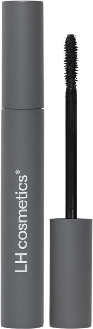 Ein grauer Mascara-Röhre mit herausgezogenem Bürstchen, beschriftet 'LH cosmetics'.