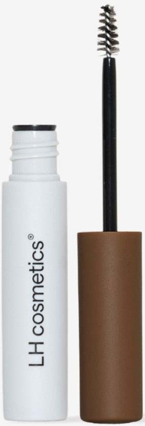 A white bottle with a black cap, labeled LH cosmetics, and an open mascara brush with brown handle.