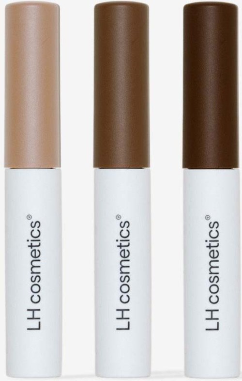 Three lipstick tubes in different shades: light, medium, and dark brown. They are arranged vertically with white bases.