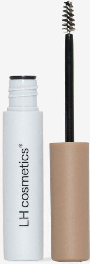 A white tube labeled LH Cosmetics with a brown cap and a black mascara brush inside.