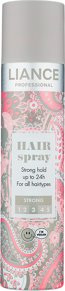 Pitkä, sylinterin muotoinen Liance-hairspray-ruisku, jossa on vaaleanpunaisia ja harmaita kuvioita ja valkoinen korkki.