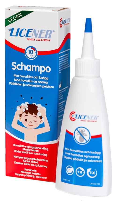 A bottle and box of lice treatment shampoo, labeled vegan, for head and scalp use, with a child's illustration.