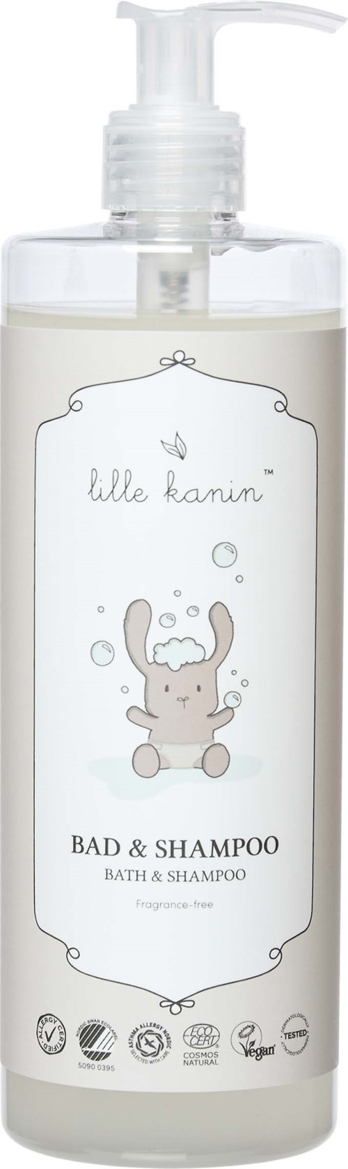 En gjennomsiktig flaske med pumpe merket 'Bad & Shampoo', med en søt bjørn og boble-design. Den er for bad og sjampo.