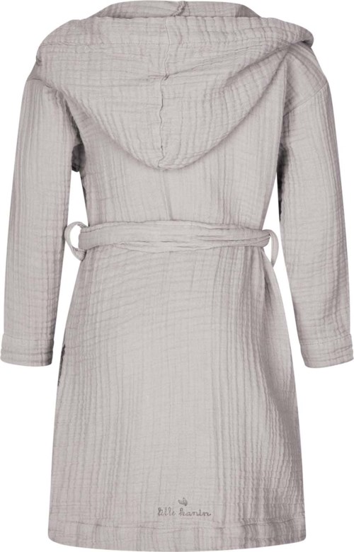 A light-colored, textured hooded coat with a waist tie shown from the back.