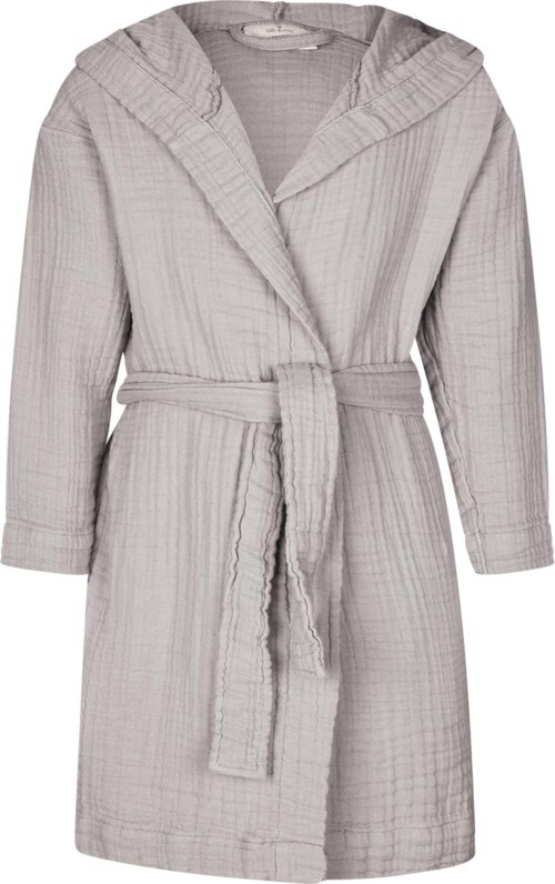 A light gray, long coat with a belt, hood, and striped texture, hanging loose.