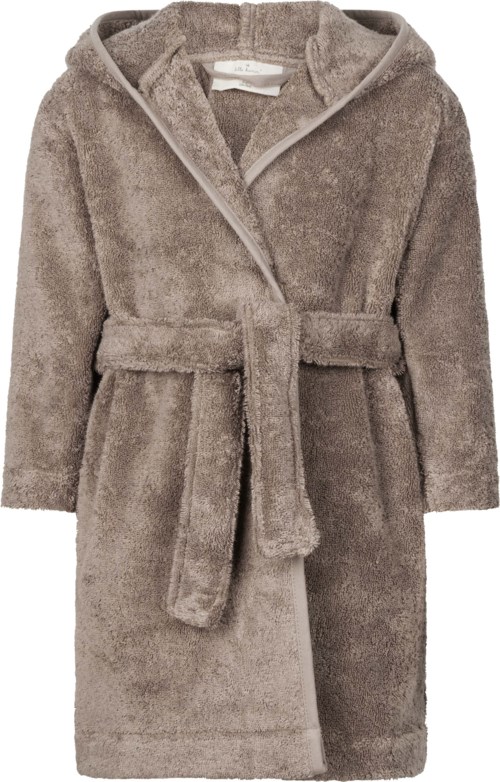 A gray, long, thick coat with a hood and a belt around the waist.