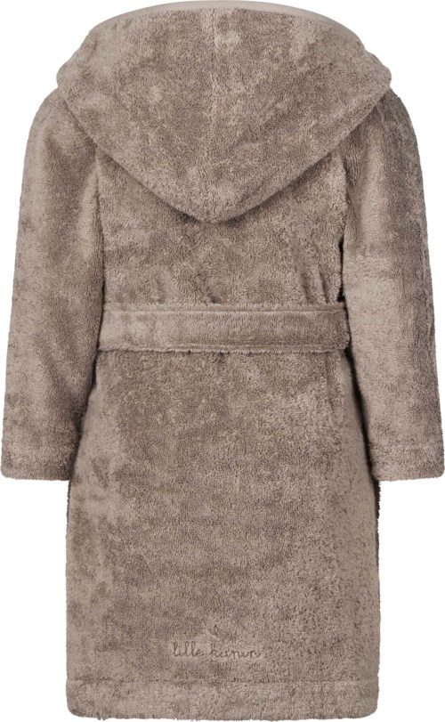 A brown, fluffy hooded coat with a belt, designed for warmth and comfort. It looks soft and cozy.