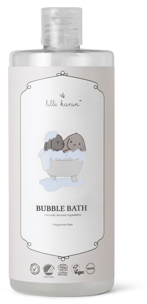 En klar flaska med bubbelbad med en söt illustration av två djur i ett badkar, märkt "Bubble Bath".