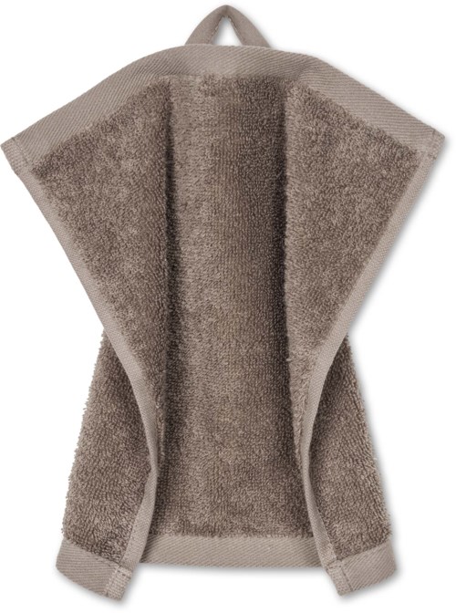 A beige towel is folded with a hooded top, hanging down and showing its texture. It has a loop at the top.