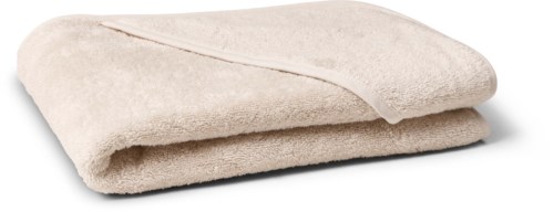 A folded beige towel with a soft texture and a simple design.