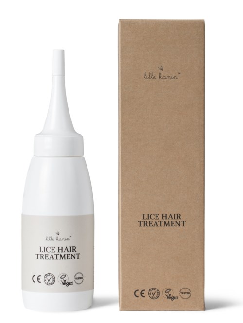 A white bottle and a brown box labeled 'Lice Hair Treatment', with symbols indicating it is vegan and certified.