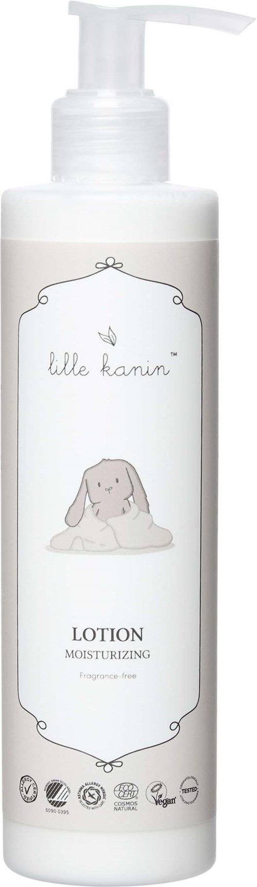 Een witte lotionfles met een schattige konijnenillustratie, label 'Ulle Kanin' en 'Hydraterende'.