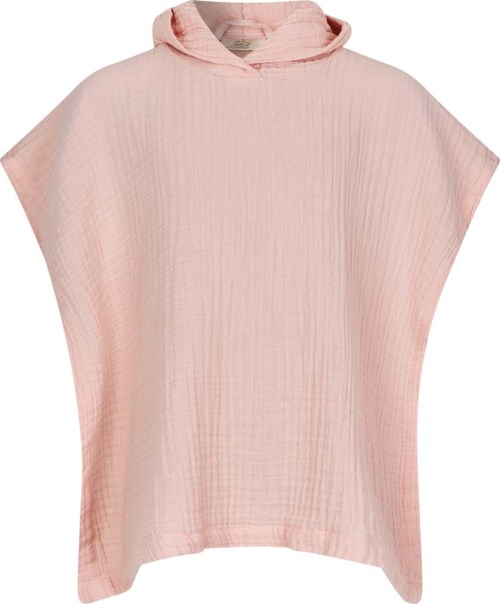 A soft pink hooded top with a loose, comfortable fit and a subtle striped pattern.