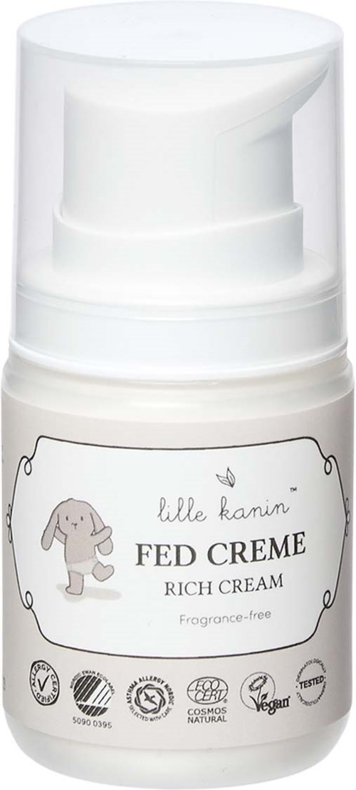 A small white bottle of крем labeled 'FED CREME RICH CREAM' with a bunny illustration, indicating it's fragrance-free.