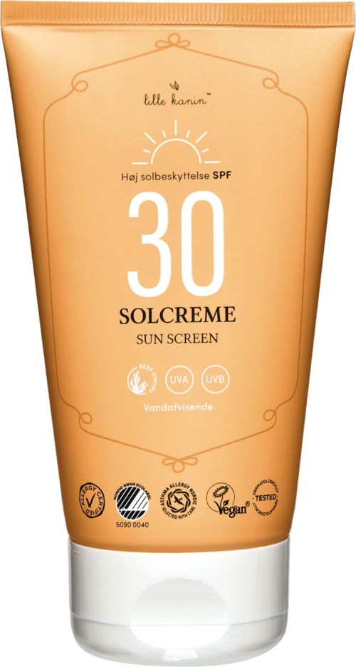 Pucrekowy krem do opalania z SPF 30, oznaczony 'solcreme' i różnymi ikonami certyfikacji.