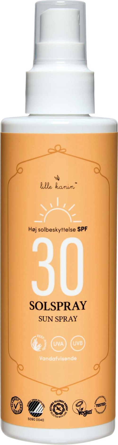 A bottle of sun protection spray with SPF 30, in an orange and white container, featuring symbols and text.