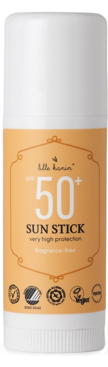 Valkoinen ja oranssi aurinkotikku, SPF 50+, erittäin suojaava, hajusteeton ja ympäristöystävällinen.
