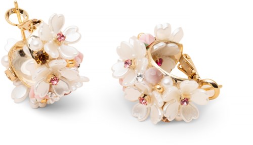 Gold earrings with small white and pink flowers, some decorated with tiny pink or clear stones.