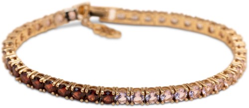 Gold bracelet with pink and brown gemstones and a clasp.