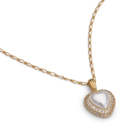 Gold chain necklace with a heart-shaped pendant surrounded by small sparkling stones.