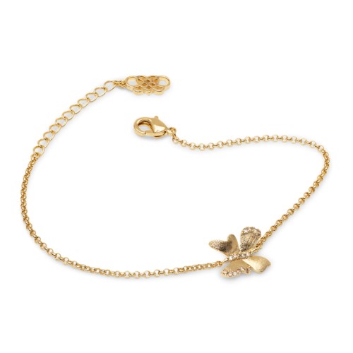 A gold bracelet with a butterfly charm and small sparkling stones.