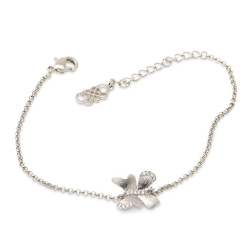 A silver butterfly bracelet with a chain and a clasp for wearing.