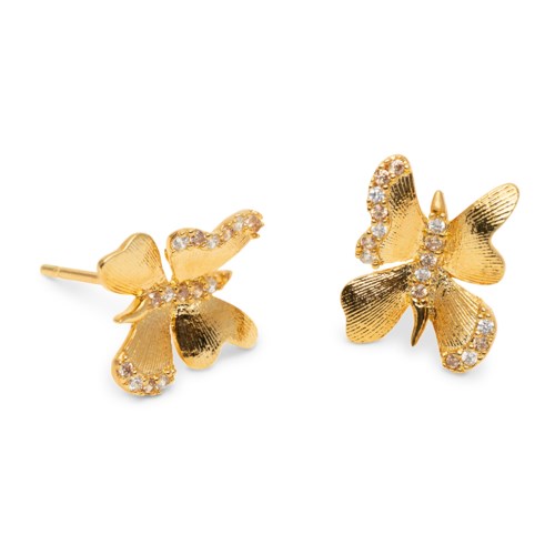 Gold butterfly earrings with small diamonds on wings. Simple and elegant jewelry design.
