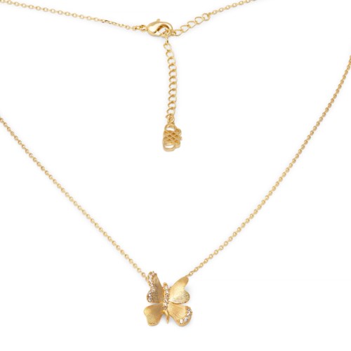 Een gouden vlinderketting met kleine stenen, verstelbare ketting en springringslot.