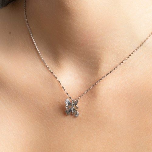 Een zilveren ketting met een vlinderhanger om de nek.