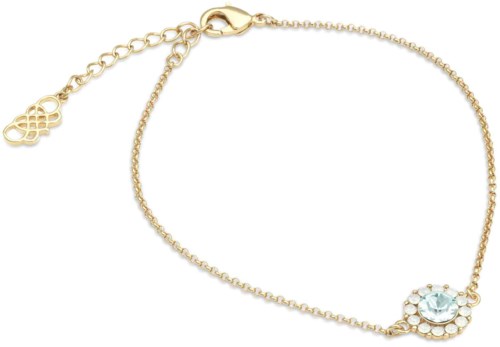 Ett armband i guld med en blå sten, liten kedja och en dekorativ lås.