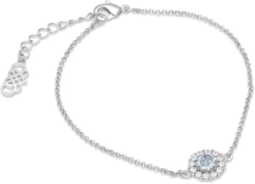 A silver bracelet with a small, round, clear gemstone and an adjustable chain with a decorative heart charm.