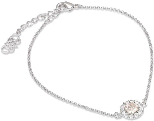 A silver bracelet with a heart-shaped charm and a round gemstone in the center.