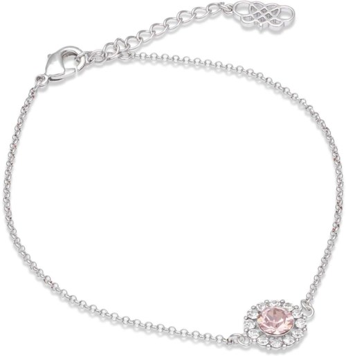 Ett silverarmband med en rosa ädelsten och små klara stenar, med förlängningskedja och dekorativ lås.