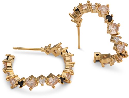 Goldene Creolen mit rosa, schwarzen und klaren Steinen. Einfaches und elegantes Schmuckaccessoire.