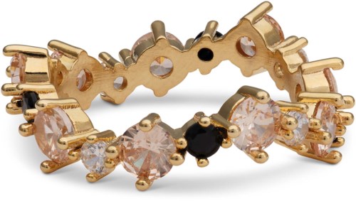 Gold ring with clear and black small gemstones, designed with a jagged, gear-like shape.
