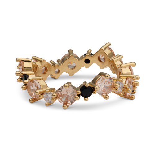 A gold ring with pink, black, and clear stones arranged in a zigzag pattern.