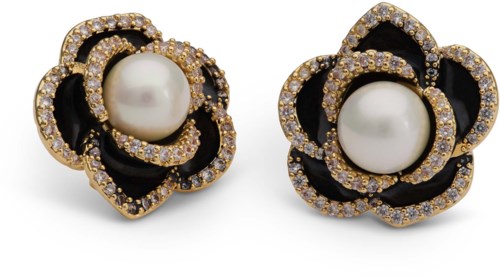 Zierliche Ohrringe in Blumenform mit Perlen in der Mitte und Gold, Schwarz, Diamanten-Details.