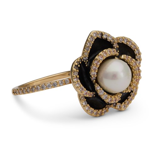Gold ring with a large pearl and numerous small diamonds in a flower shape.