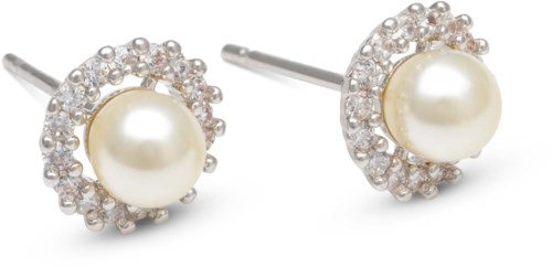 Elegante parel oorbellen met kleine glanzende stenen eromheen.