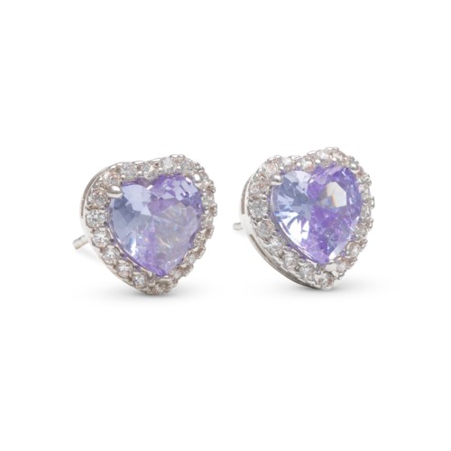 Heart-shaped earrings with purple stones surrounded by small clear stones. They are silver and shiny.