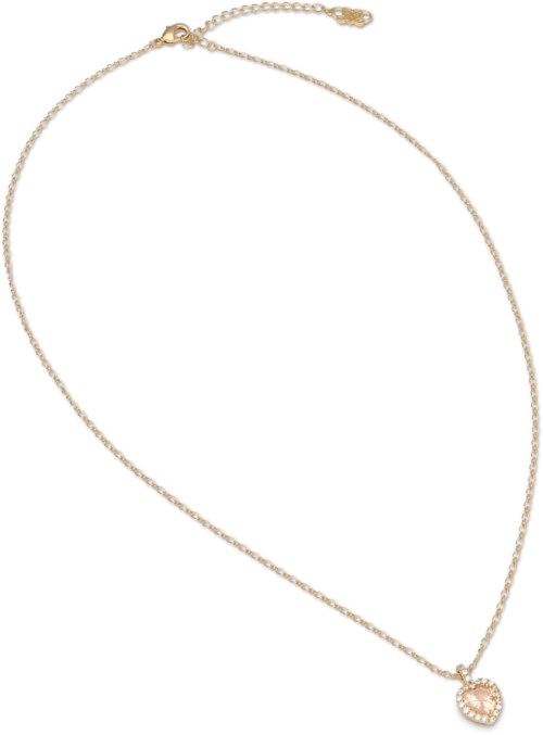 A delicate gold chain necklace with a heart-shaped pendant decorated with small pearls.