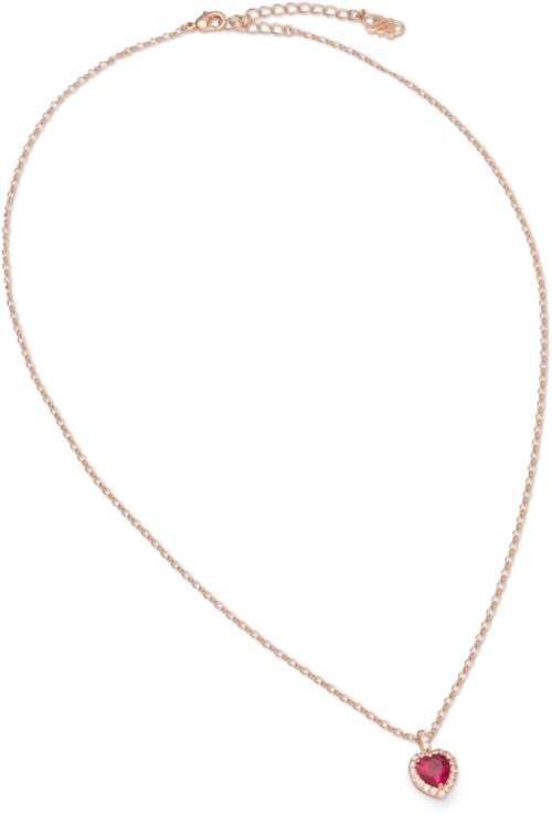 A necklace with a pink heart pendant on a thin chain.