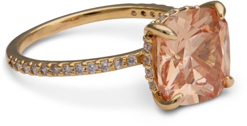 Gold ring with a large pink gemstone and small diamonds along the band.