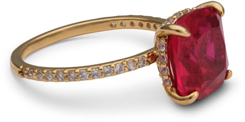 A gold ring with a large, red, square-shaped gemstone and small diamonds on the band.